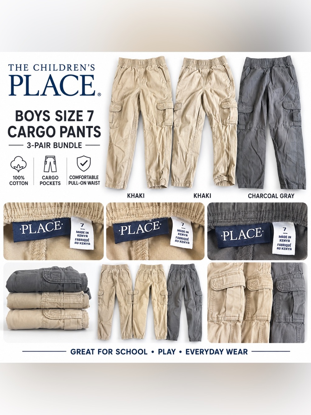 The Children's Place Boys Khaki & Charcoal Cargo Pants - 3-Pack
